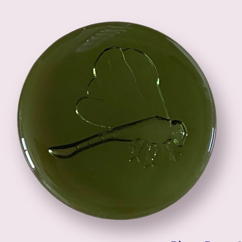 Vintage Pressed Art Glass Dragonfly Round Paperweight in Green